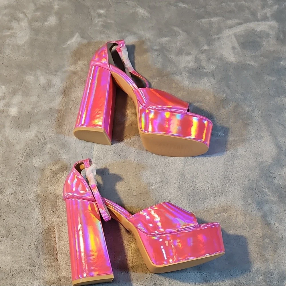 Kayleen Hot Pink Synthetic Platform Block Heel Ankle Strap Open Toe 7.5